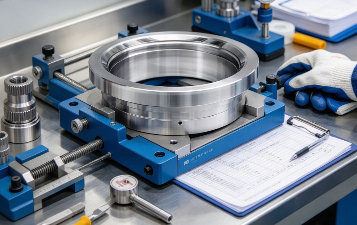 Globe valve seat on blue inspection fixture with thread gauge measuring instrument gloves and record sheet for industrial quality check.